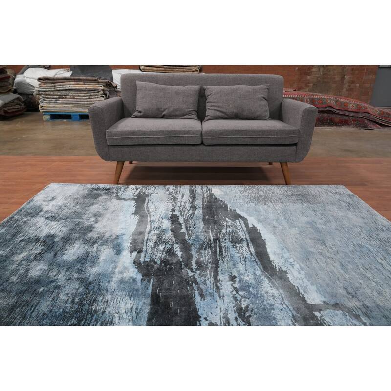 Hand Knotted Oriental Viscose Silk Carpet Modern Pictorial Navy Blue & Blues Abstract Area Rug - 7' 6'' X 5' 8''