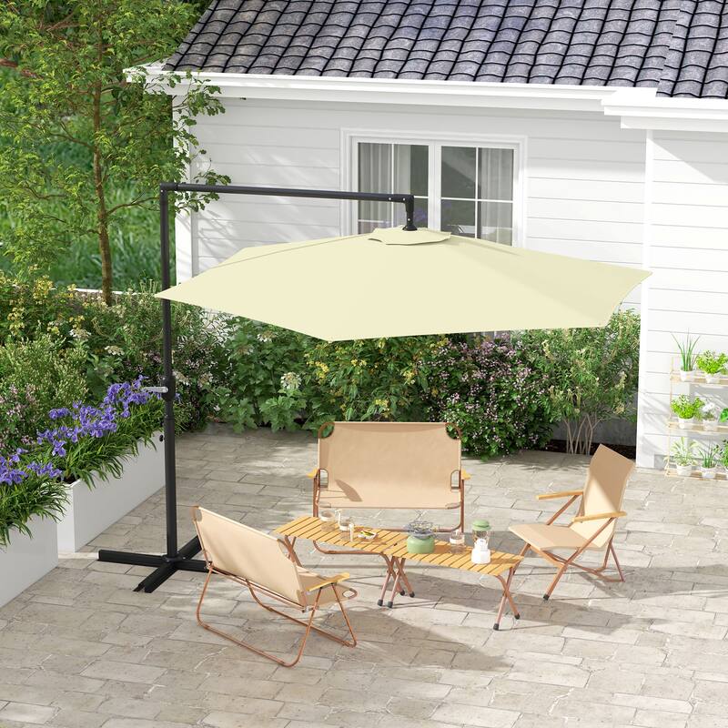 Outsunny 9.5FT Cantilever Patio Umbrella with Crank, Cross Base and Air Vent, Round Hanging Offset Umbrella, Heavy Duty Outdoor