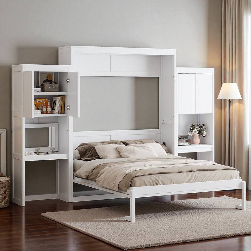 Queen Size Murphy Bed with Desk, Flip-Up Vanity & Cabinets, Space-Saving Wall Bed with Storage for Bedroom & Guest Room
