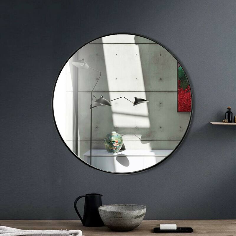 Modern Black Round Wall Mirror for Bathroom and Living Room - 27.5" L × 1.5" W × 27.5" H