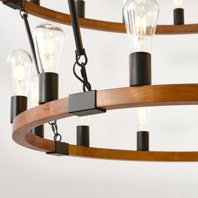 Farmhouse Wagon Wheel Chandelier - Rustic Wood & Metal Adjustable Pendant Light for Dining Rooms, Kitchens & Entryways