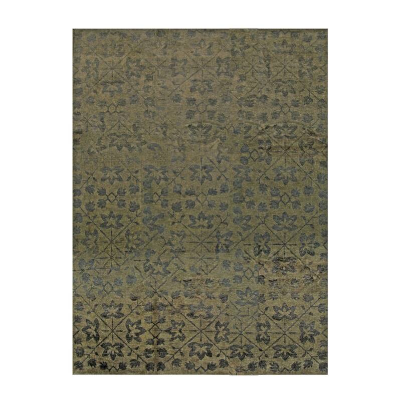 Green Handmade Wool Transitional Rug 8'9 x 11'9 - Hand Knotted Natural Dyes Soft Pile Cotton Foundation - N/A