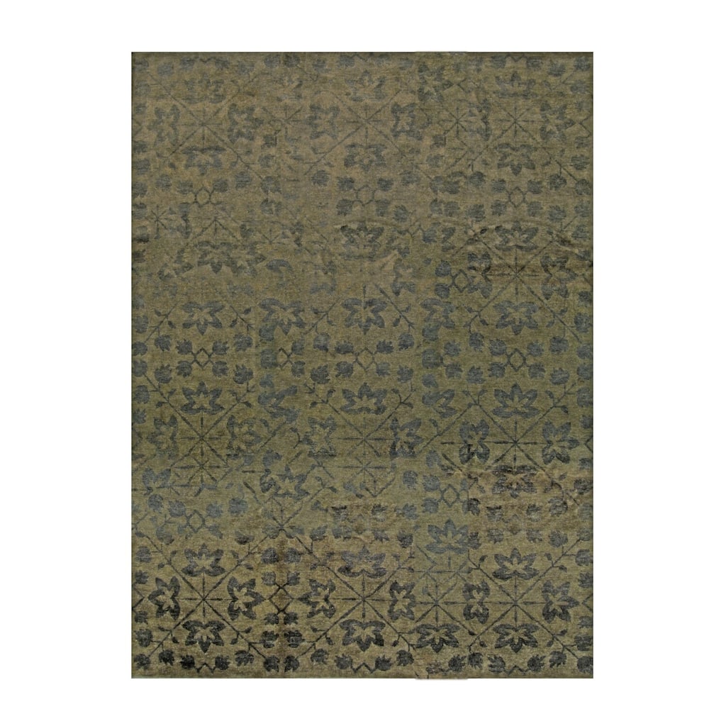 Green Handmade Wool Transitional Rug 8'9 x 11'9 - Hand Knotted Natural Dyes Soft Pile Cotton Foundation - N/A