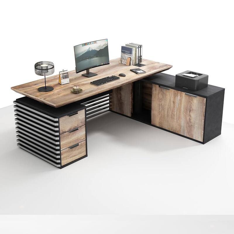 Adjustable L-Shaped Executive Desk with Outlets File Cabinets 3 Drawers Custom Size & Color