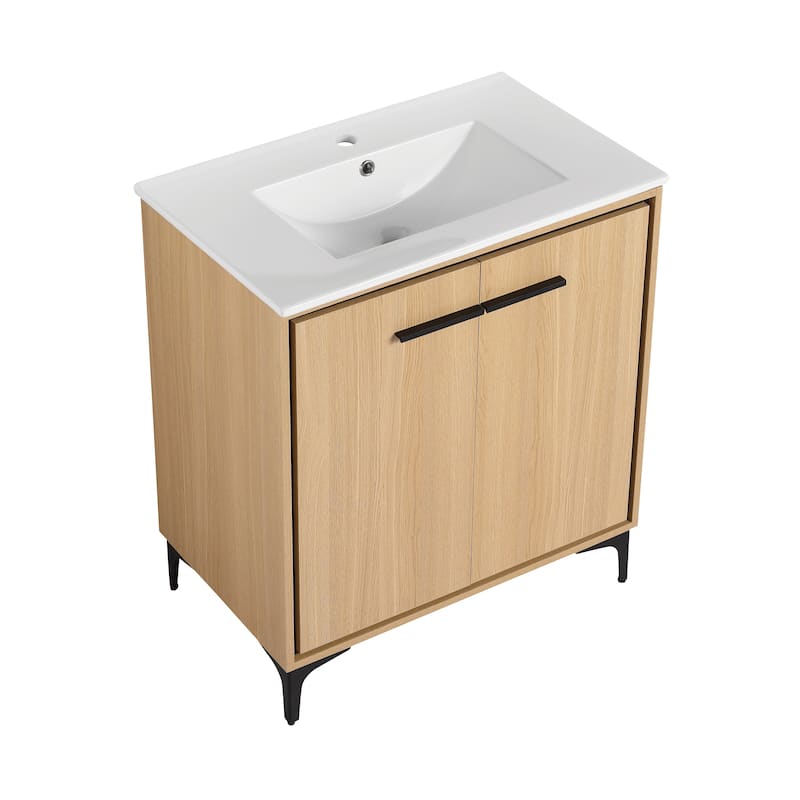 GDFStudio - Denton Modern Freestanding Bathroom Vanity Cabinet with Ceramic Sink, Soft Close Doors & Metal Tripod - 30"