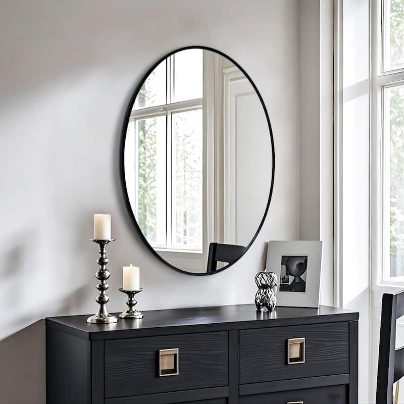 Black Oval Mirror for Bathroom Aluminium Alloy Frame Wall Mount Mirror