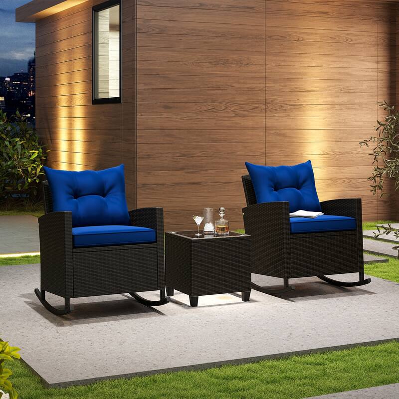 Gymax Set of 3 Wicker Rocking Set Patio w/ Tempered Glass Table & Soft
