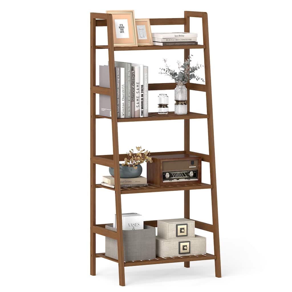 Gymax 4-Tier Bamboo Ladder Shelf Plant Display Stand Rack Bookshelf