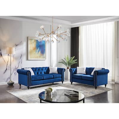 Velvet Button-Tufted Living Room Sofa Set with Copper Nail Trim, Including Sofa and Loveseat