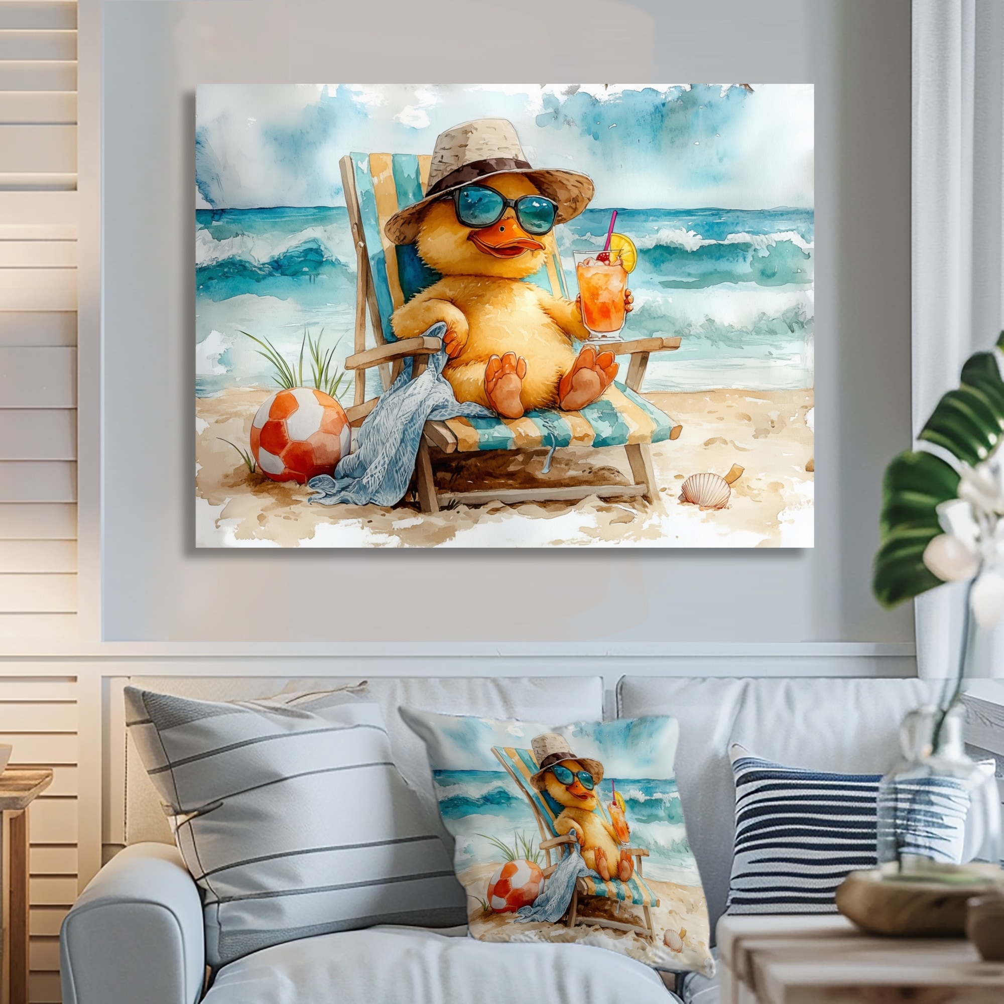Designart "Yellow Duck On The Beach Lounging Chair II" Coastal Animal Canvas Wall Art - Nautical & Coastal Wall Decor