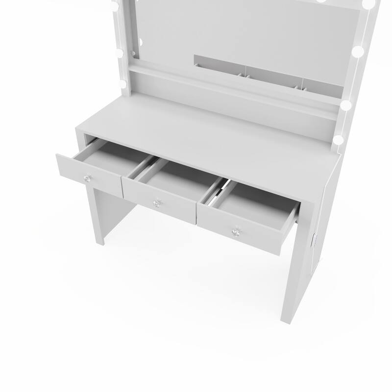 Boahaus Makeup Vanity Table Modern White 3 Drawers Light Bulbs Crystal Knobs