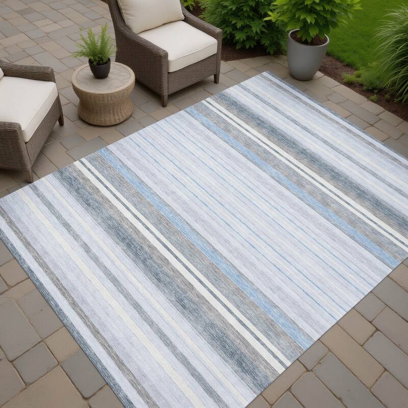 Machine Washable Indoor/ Outdoor Modern Stripes Chantille Rug - Sky - 5' x 7'6"