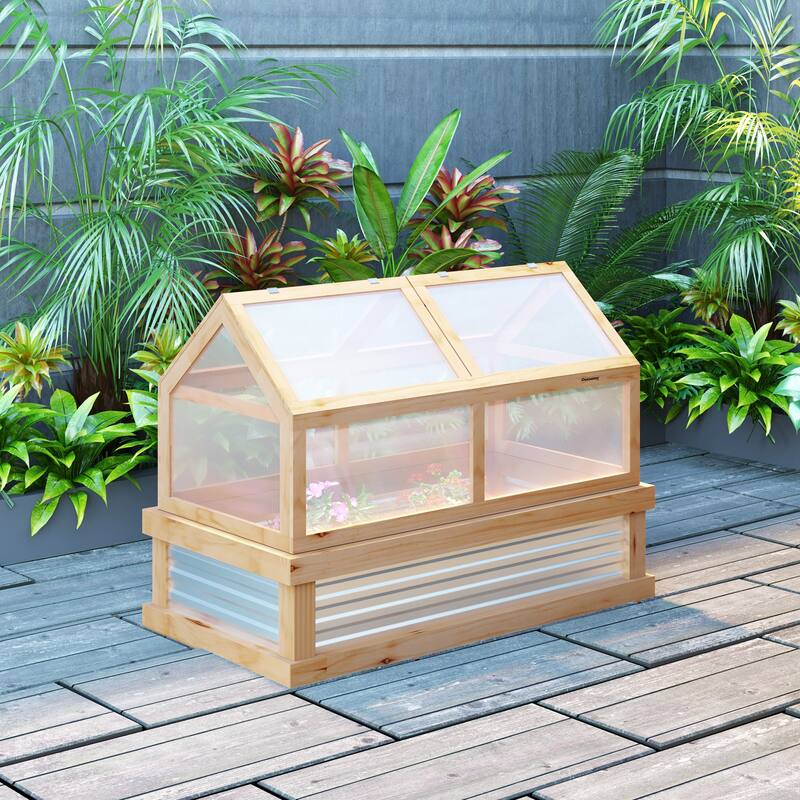 Raised Garden Bed with Polycarbonate Greenhouse, Wooden Garden Cold Frame Greenhouse, Flower Planter Protection, Natural