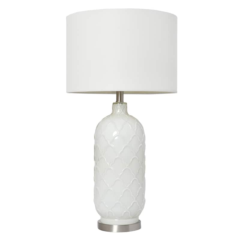 HomeRoots 30" White And Nickel Glass Quatrefoil Table Lamp With White Drum Shade - 15.00 in. x 30.00 in. x 15.00 in.