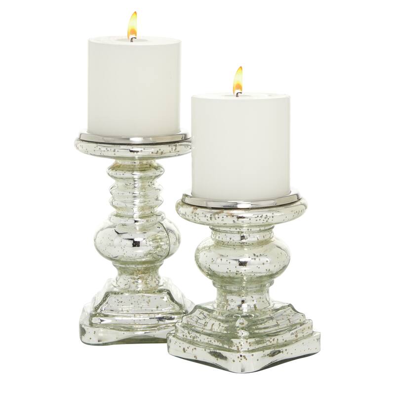 Silver or Clear Glass Handmade Turned Style Pillar Candle Holder (Set of 2)