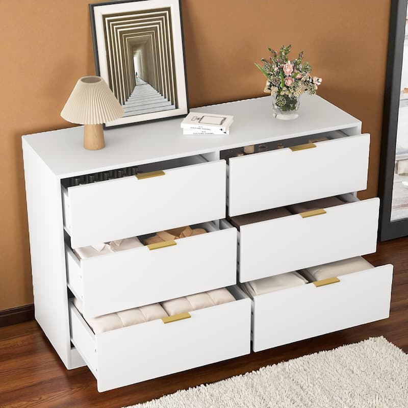 Modern 6 Drawer Dresser, 47" Wide Storage Cabinet, Wooden Chest of Drawers for Bedroom and Entryway