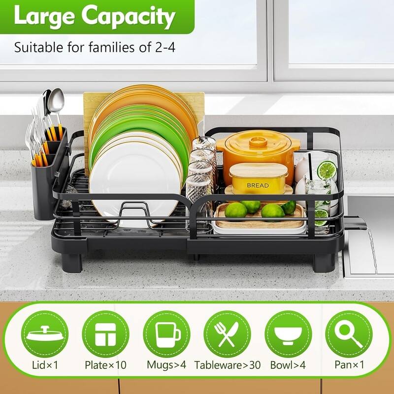 Expandable Dish Rack,Foldable Dish Dryer Rack, Stainless Steel Dish Drainer Racks with Cutlery Holder,Dish Drying Racks