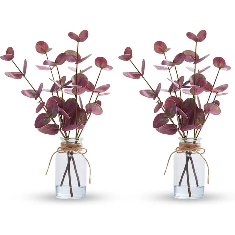 2PCS 13" Artificial Eucalyptus Stems in Vase with Faux Water for Home Decor - 2 pcs - Pink