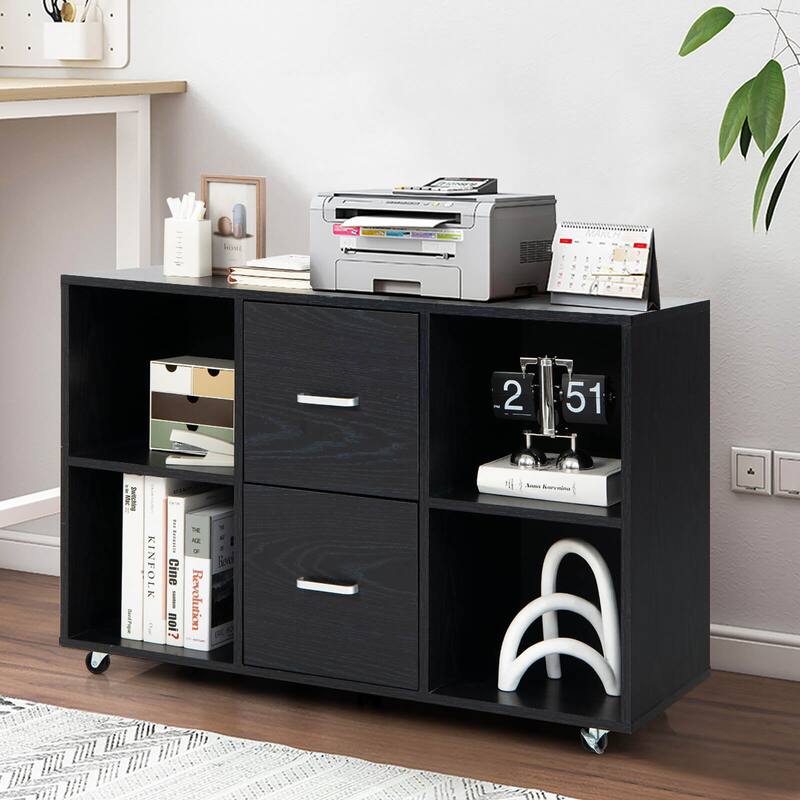 Gymax Rolling Wood File Cabinet w/ 2 Large Drawers & 4 Open