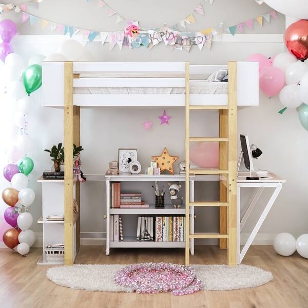 slide 2 of 20, Twin Size Stylish Wood Loft Bed With Built-in Storage Cabinet and Cubes,Foldable desk,Modern Design And Practical,Gray White