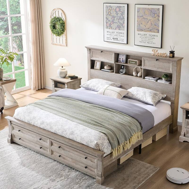 Farmhouse King Size Bed Frame with 54" Tall Storage Bookcase Headboard
