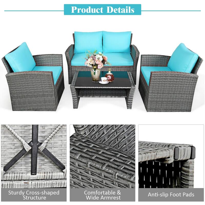 4 Pieces Patio Rattan Furniture Set Sofa Table with Storage Shelf Cushion - 48.5" x 26.5" x 30" (L x W x H)