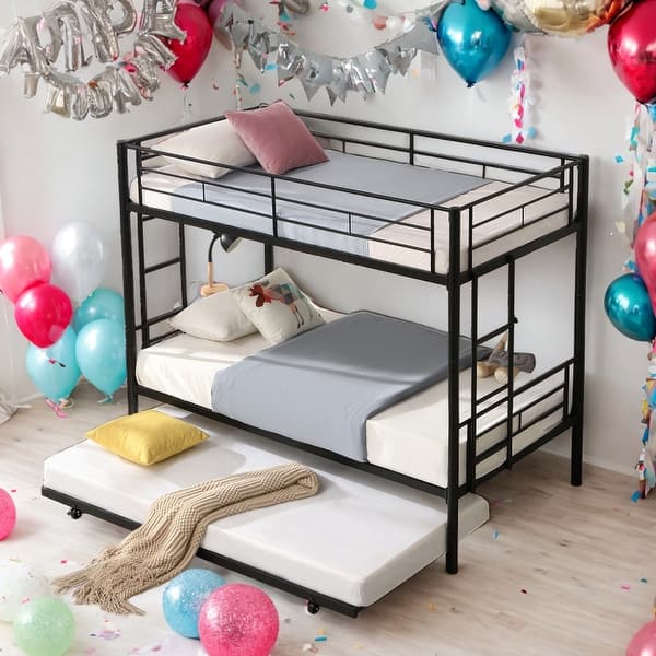 slide 2 of 15, Modern Twin Over Twin Bunk Bed with Trundle and Guard Rail and 2 Side Ladders,Can be Divided Into Two Beds Black