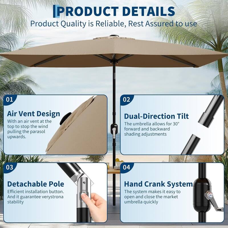 10' x 6.5' Solar Patio Umbrella with Crank and Push Button Tilt for Garden, Deck, Lawn, Pool (No Base)