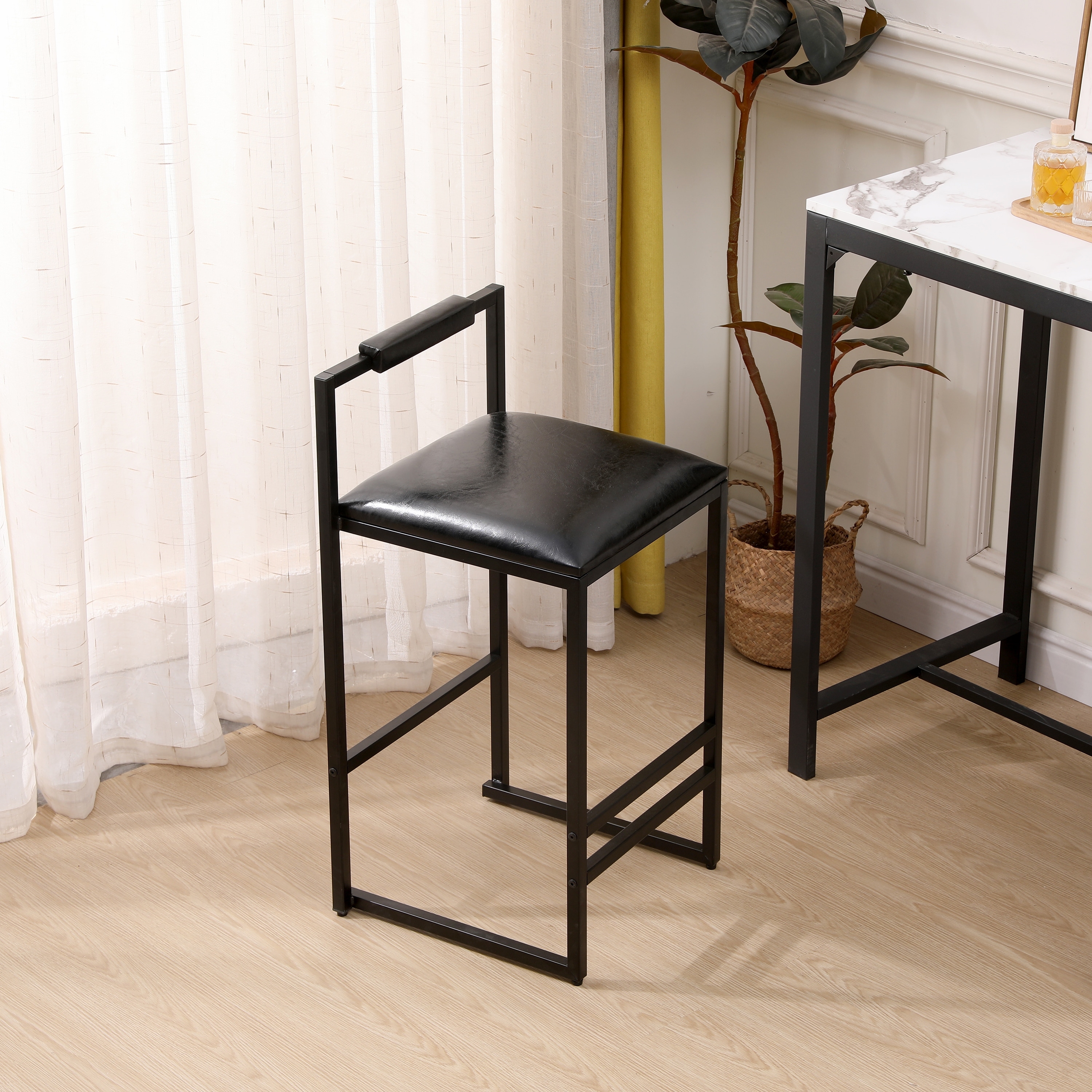 Black Set of Bar Stools Paper Rope Woven Counter Height Dining