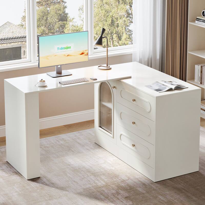 Modern 360° Rotatable Computer Desk with 3 Drawers, L Shaped Corner Executive Desk