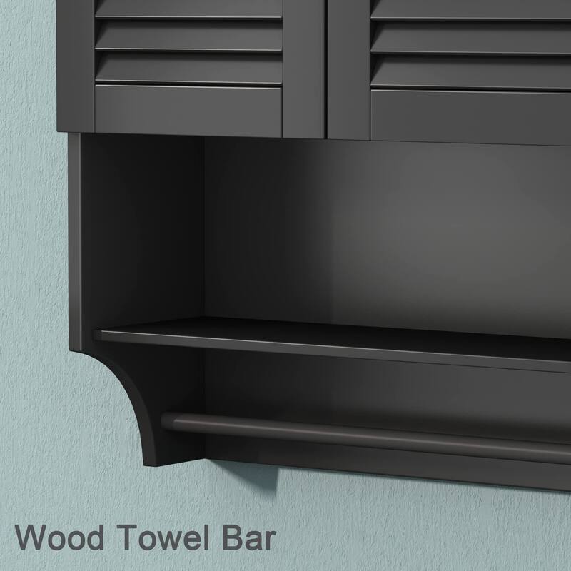 Wall-Mounted Bathroom Cabinet with Louvered Doors, Open Shelf, Adjustable Shelves & Towel Bar,White