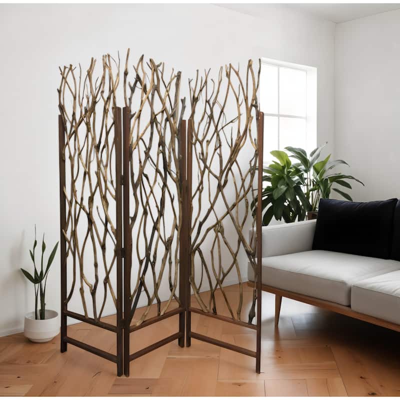 HomeRoots 70" Brown Wood Branches Folding Three Panel Screen Room Divider - 58' X '70' X '1 - 58' X '70' X '1