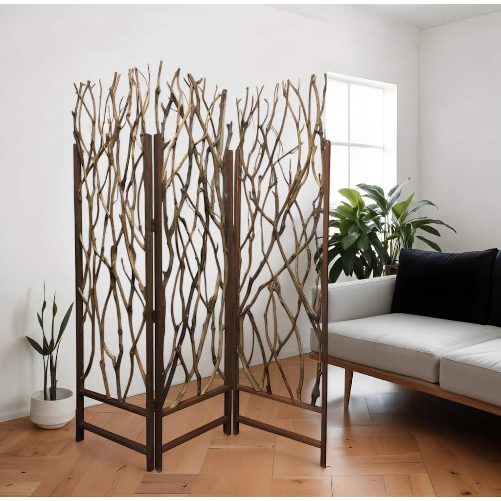HomeRoots 70" Brown Wood Branches Folding Three Panel Screen Room Divider - 58' X '70' X '1