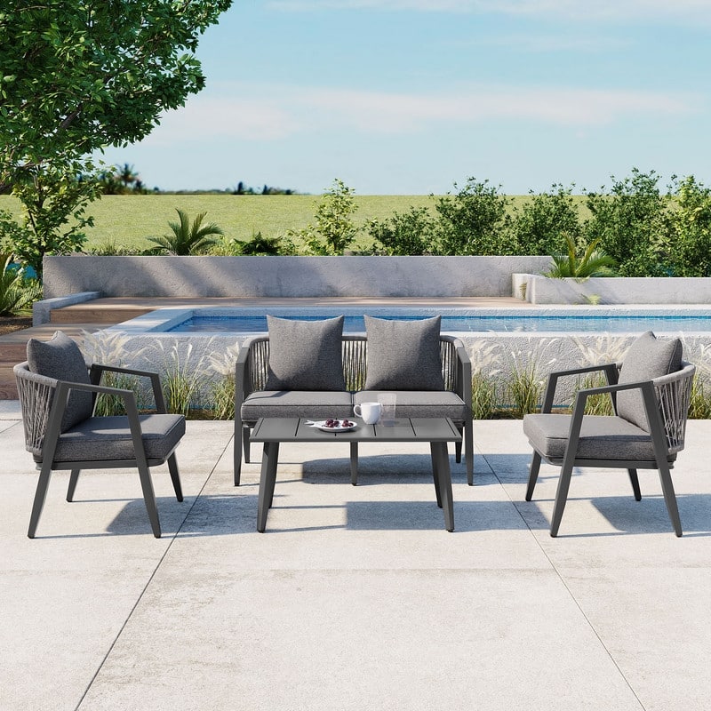 4-Piece Outdoor Patio Set, Iron Conversation Set with Table and Cushions for Garden, Poolside - Grey
