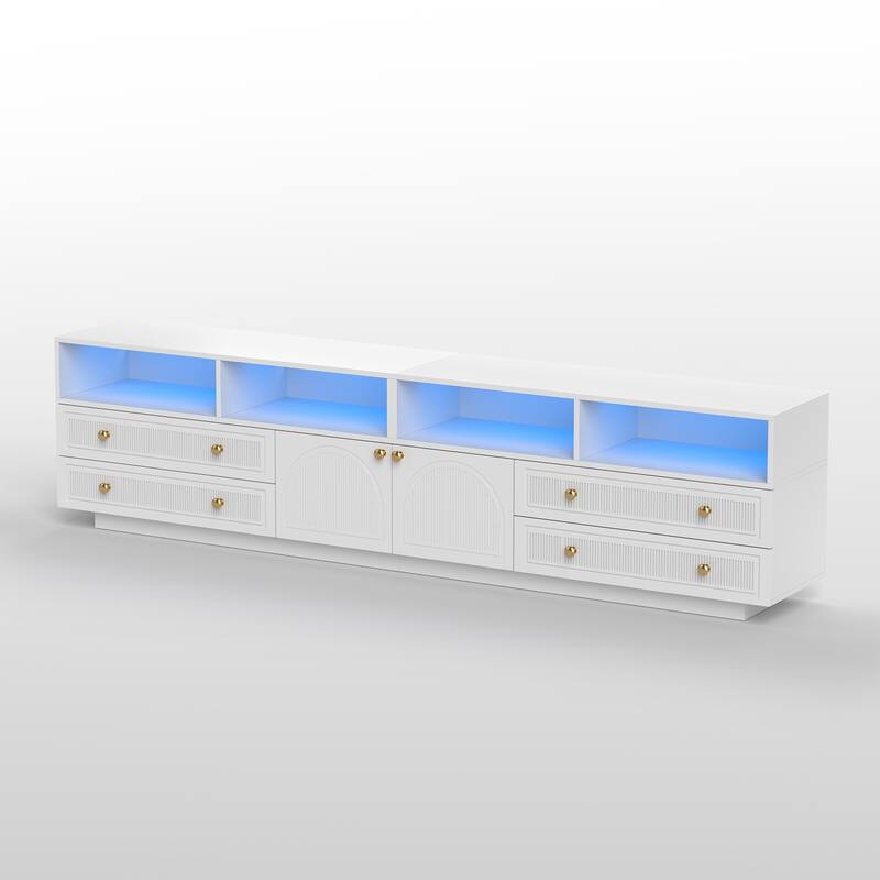 Meyreso 86.6" Modern LED Lighted TV Stand with 4 Open Shelves and Storage Cabinets