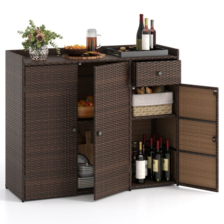 Mix Brown PE Rattan Patio Storage Cabinet with Metal Frame and Drawer - 48" x 17" x 40"