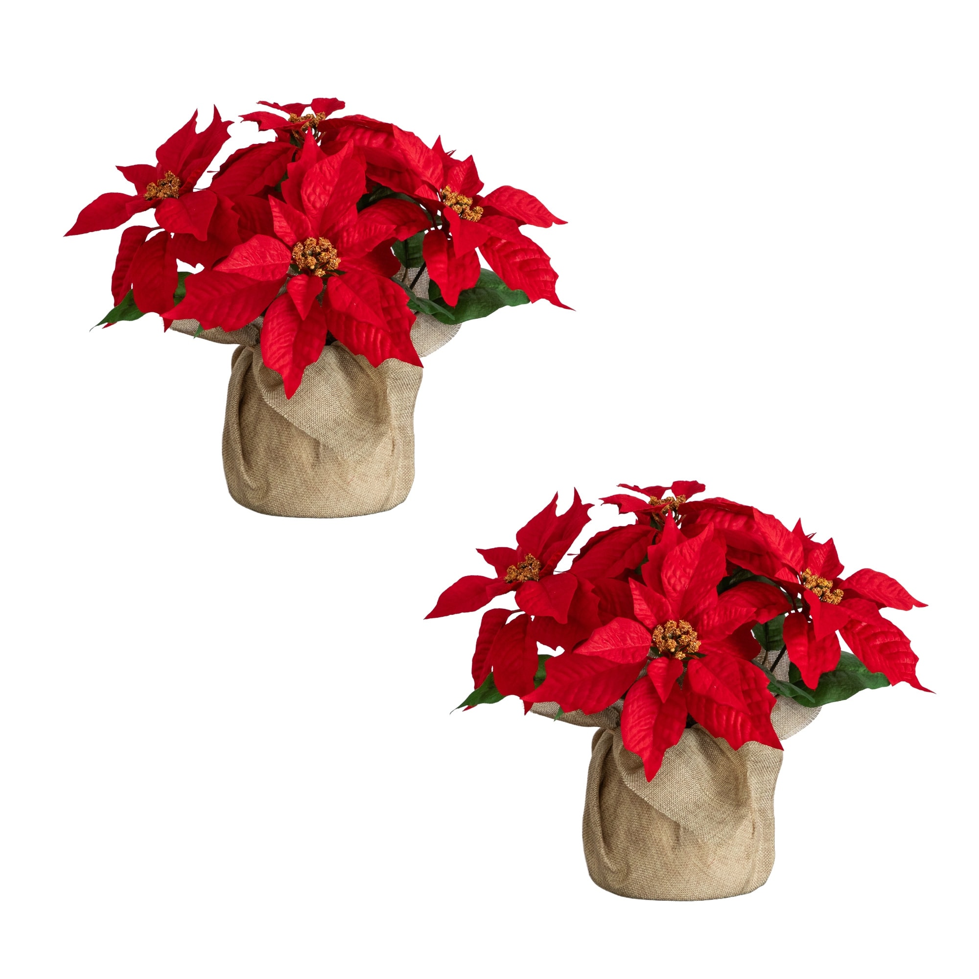 13-in Artificial Poinsettia Arrangement in Burlap Planter - Set of 2