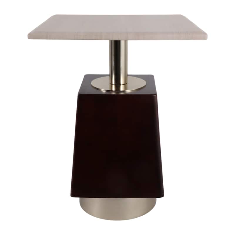 Geometric Wood and Marble Side Table - 21", Brown & Ivory - 20.75"