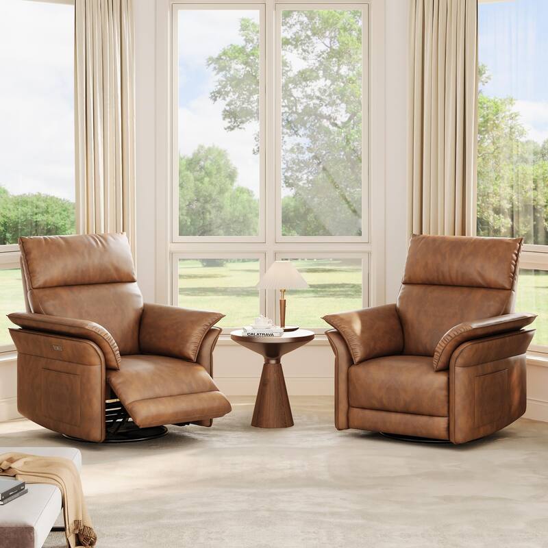 Power Recliner Chair Swivel Glider, Upholstered Faux Leather Nursery Reclining Sofa Chair with Charging Port
