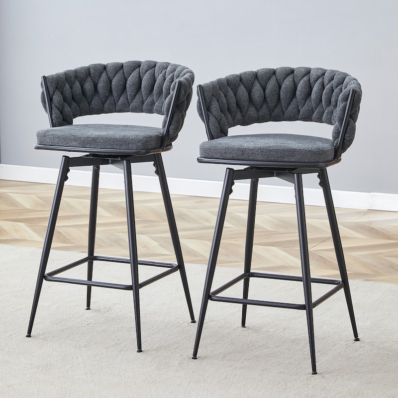 Roomfitters Swivel Bar Stools with Linen Cushions and Black Iron Frame, Set of 2 - Dark Gray