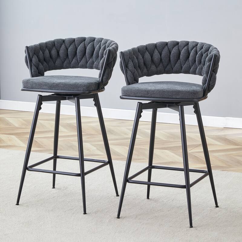 Swivel Bar Stools Set of 2, Modern Barstools with Backs, Upholstered Cotton Linen High Chairs for Island Kitchen
