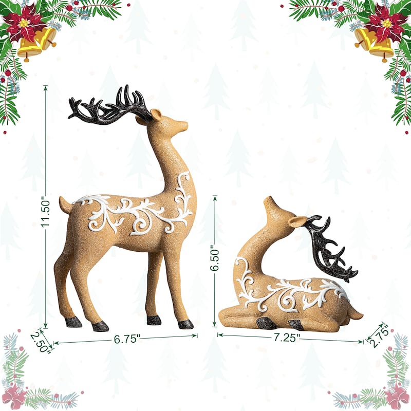 Glitzhome Resin Christmas Lying Standing Reindeer Figurines Xmas Table Decor Deer Statues
