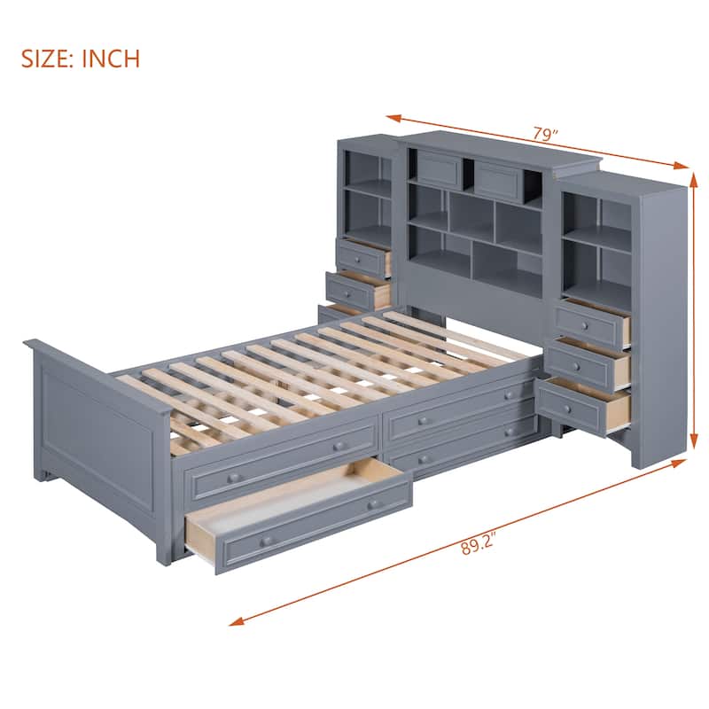 Twin Size Platform Bed with All-in-One Vertical Cabinet Bookcase, Solid Wood Captain's Bed Frame with 4 Drawers on Each Side