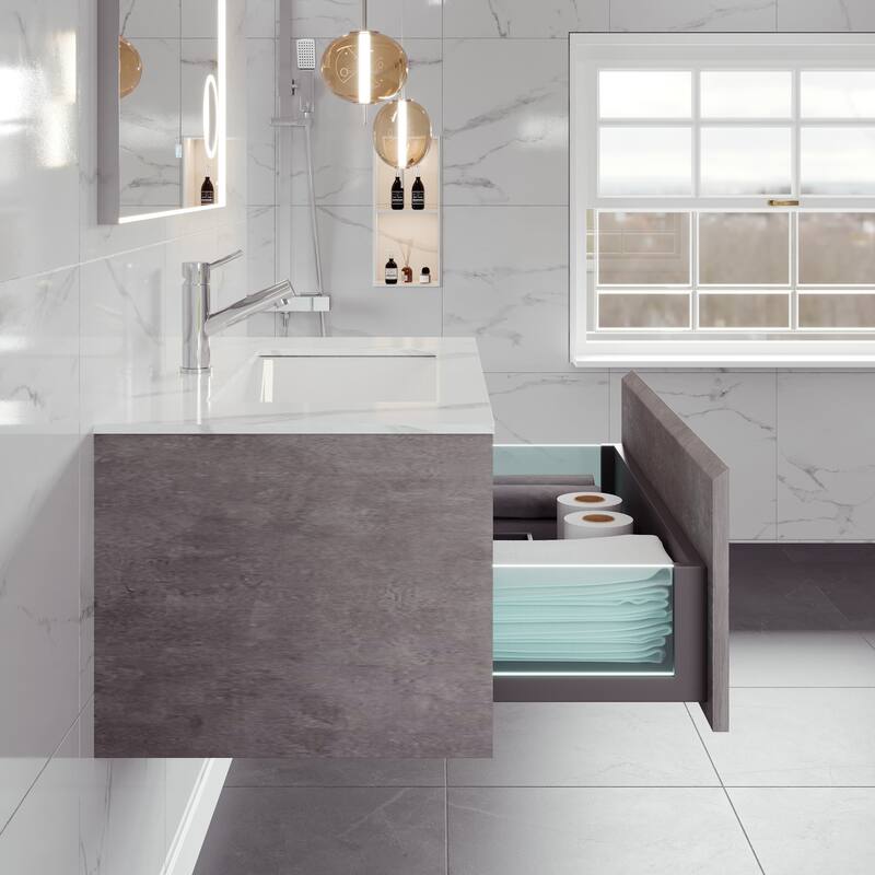 Eviva Aurora 36" Concrete Gray Wall Mount Bath Vanity with Carrara Quartz Top