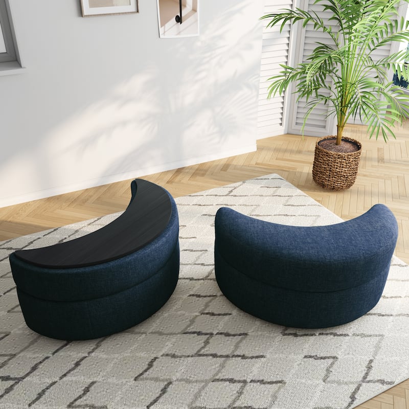 Upholstered Half Moon Storage Ottoman with Tray Set of 2 - Chenille - Blue/Chenille