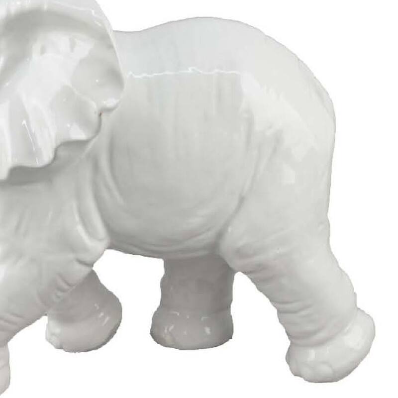 Capriz Tabletop Accent Decor, Elephant Raised Trunk, White Ceramic