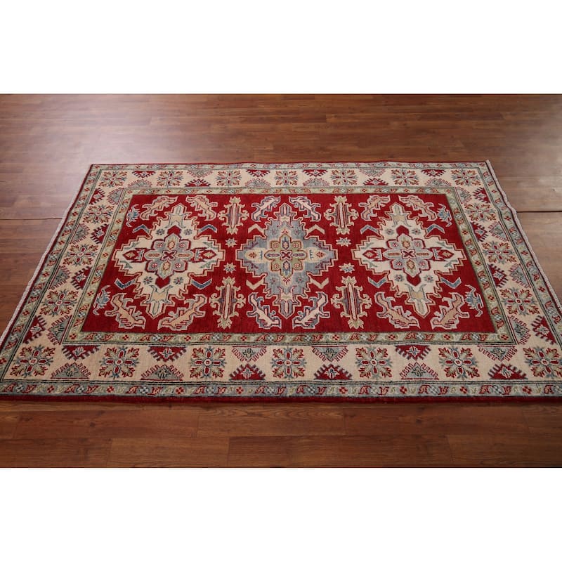 Geometric Red Kazak Oriental Rug Hand-Knotted Oriental Wool Carpet - 4'1" x 6'7"