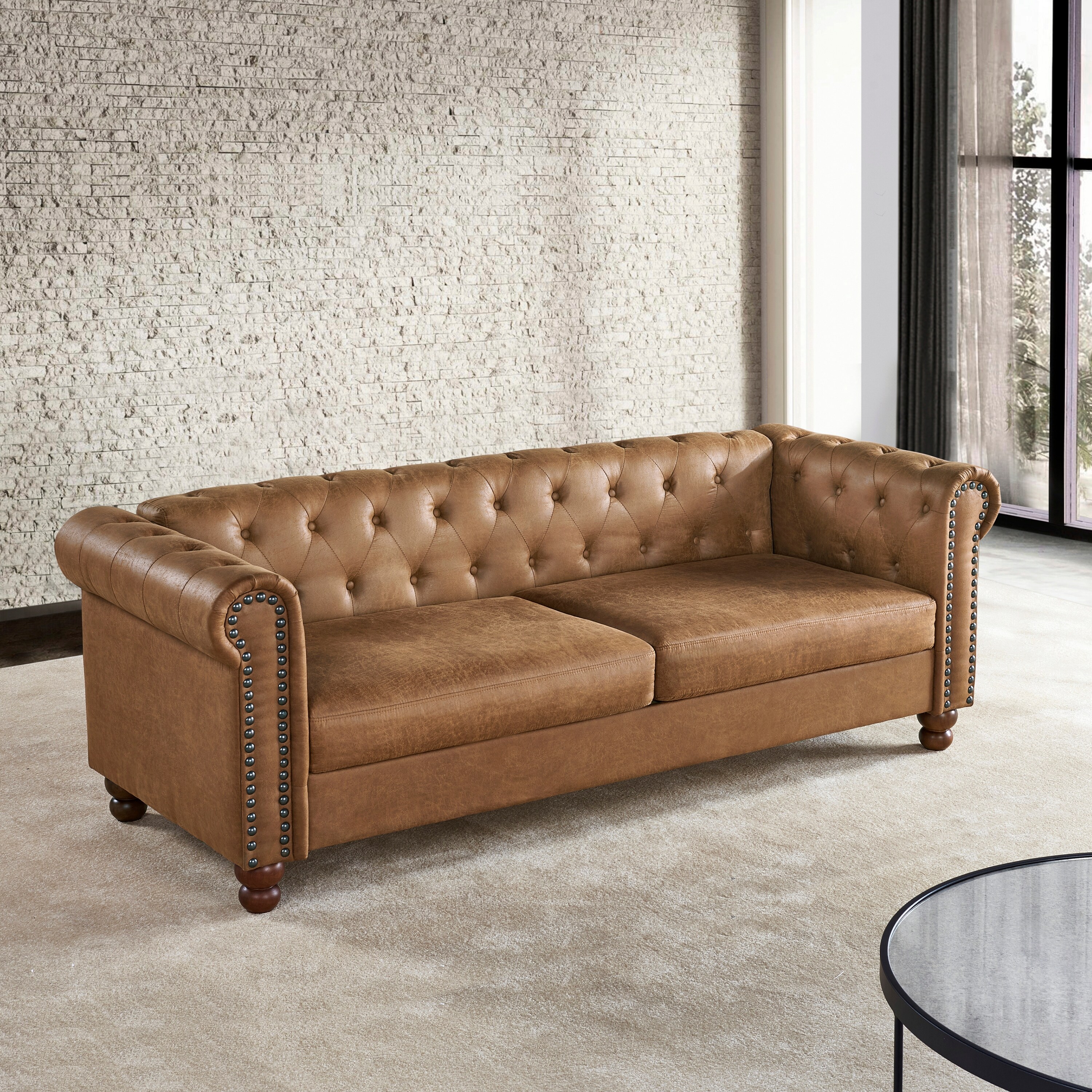 80 inch Deep Button Tufted Loveseat Sofa Couch High Tech Fabric Upholstered Sofa with Scrolled Arms and Turned Legs