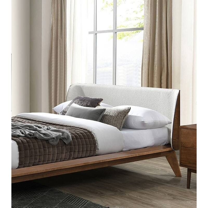 Mid-Century Modern Walnut Beige Full Size Platform Bed with Fabric Winged Edge Headboard