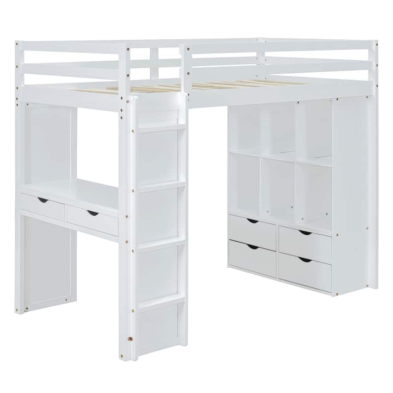Loft Bed with Large Shelves, Writing Desk and LED Light